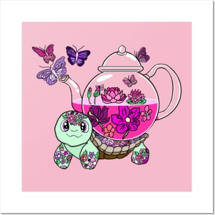 Spill the Tea Turtle (pink) Posters and Art